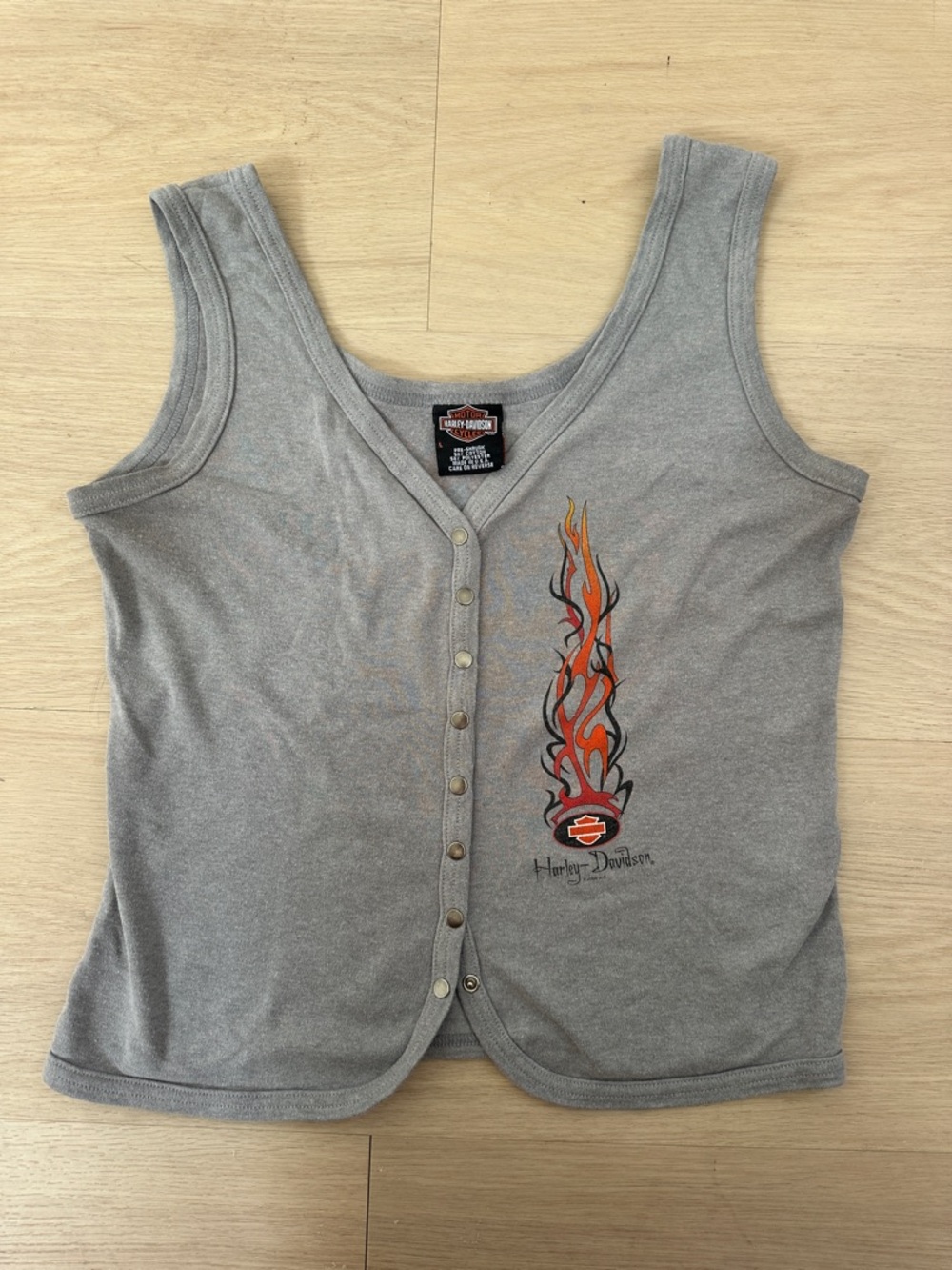 Harley-Davidson Gray Snap-Front Tank with Orange & Black Flame Graphic